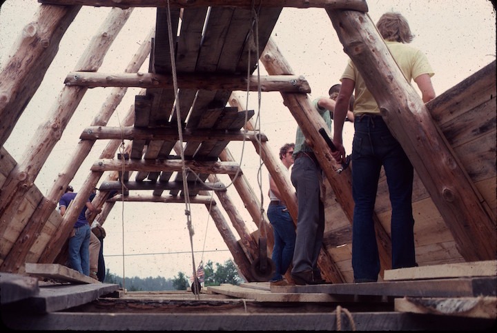several men building Okontoe's A-Frame Chapel in the 70s