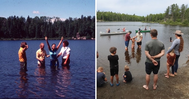 two side-by-side photos that show people getting baptized in Bow Lake at Okontoe - one from the 80s, one from the 2020s